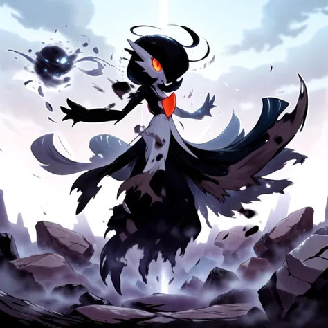 <lora:EntropyMagic-20:1>, entropymagic, fantasy, dissolving, decay,
best quality, (Masterpiece) , full body, simple background , dynamic pose, <lora:gardevoir_V2:1>, (black hair), black skin , hair over one eye, multicolored skin, pokemon \(creature\), orange eyes, short hair, two-tone skin, white skin , cloudy sky, wide shot, glowing eyes, floating object, rocks, gardevoir , long skirt ,