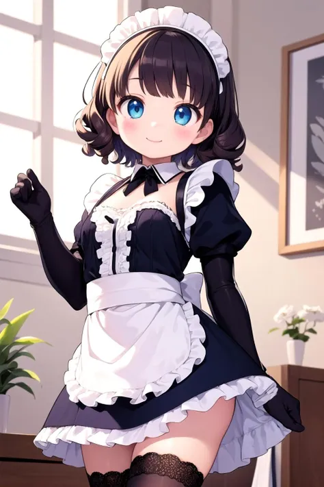 1girl,kawaii,smile,short hair,(curly hair:1.1),blue maid costume,lace trim blue thighhighs,maid headdress,lace trim elbow gloves,looking at viewer,