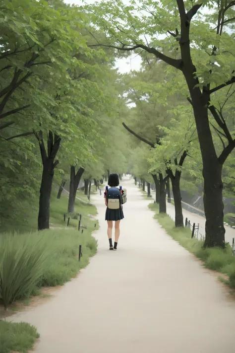 masterpiece, best quality, ultra-detailed, illustration,masterpiece, best quality, very aesthetic, absurdres,
syukugawa, tree, outdoors, scenery, nature, 1girl, bag, traditional media, grass, forest, skirt, solo, backpack, black hair, from behind, day, path,
<lora:syukugawa_SD15_V1:1>