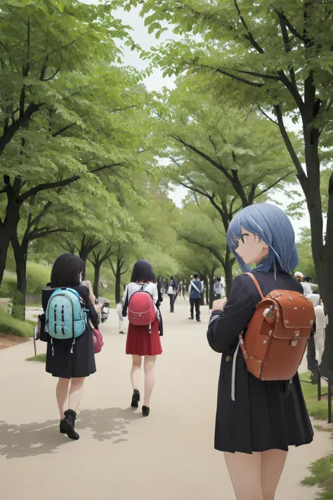 masterpiece, best quality, ultra-detailed, illustration,masterpiece, best quality, very aesthetic, absurdres,
syukugawa, tree, outdoors, multiple girls, scenery, skirt, backpack, bag, blue hair, jacket,
<lora:syukugawa_SD15_V1:1>