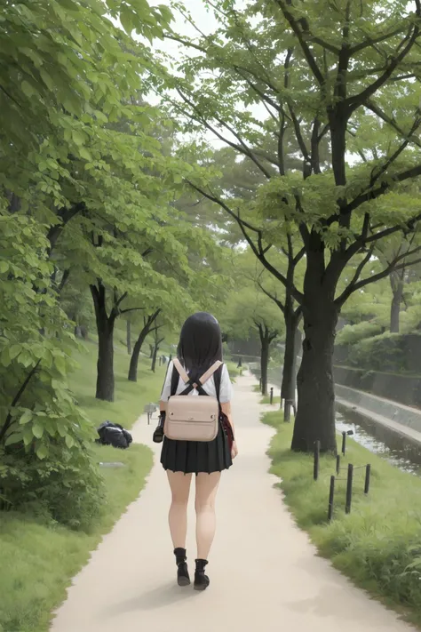 masterpiece, best quality, ultra-detailed, illustration,masterpiece, best quality, very aesthetic, absurdres,
syukugawa, tree, outdoors, scenery, nature, 1girl, bag, traditional media, grass, forest, skirt, solo, backpack, black hair, from behind, day, path,
<lora:syukugawa_SD15_V1:1>
