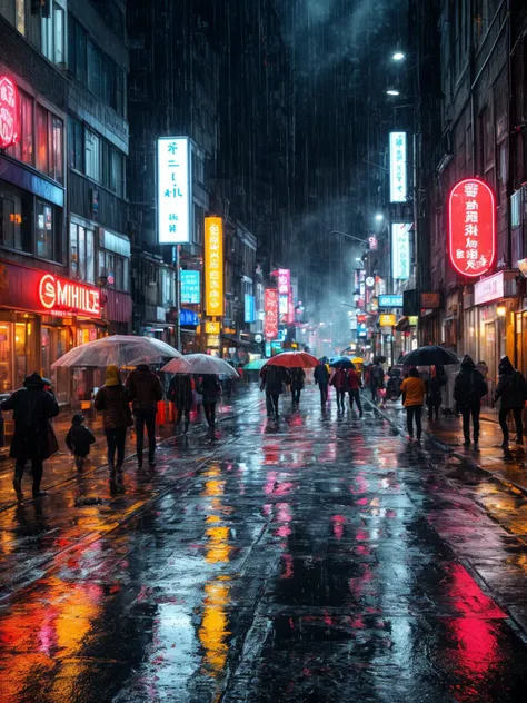 A city street during a rain shower, with people under umbrellas. Wet pavement reflects neon signs and streetlights. Cars splash through puddles, and steam rises from manhole covers. A street vendor sells hot drinks, creating a lively yet cozy scene.