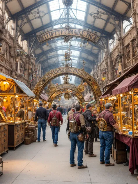 A bustling steampunk market filled with vendors selling clockwork gadgets and steam-powered contraptions, the air thick with the smell of oil and metal.