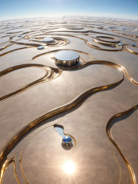 A surreal landscape where the ground is made of liquid metal, and geometric shapes float in the sky, reflecting the sunâs rays.