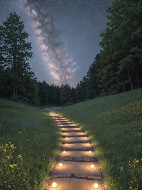 winding path through a meadow where each step on the ground lights up with tiny stars, creating a glowing, celestial walkway. The stars twinkle and change colors gently.