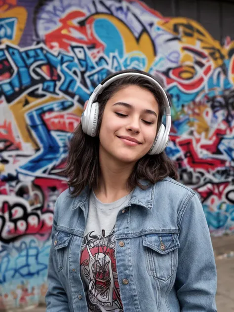 A teenager with headphones, lost in music. They wear a denim jacket with patches. Their eyes are closed, and a slight smile plays on their lips. Graffiti walls in the background.