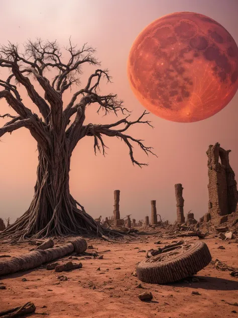 A photo of A desolate wasteland under a blood-red moon, where twisted trees and crumbling ruins speak of ancient curses.