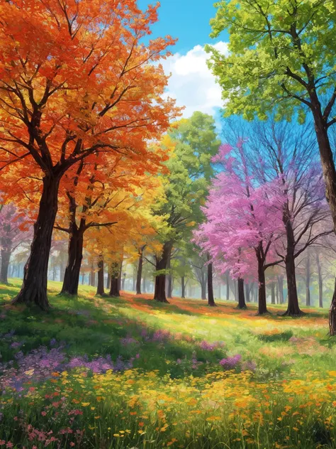 Trees with bark and leaves in every color of the rainbow, standing vibrant and bright in a meadow. Their colorful foliage transforms the natural scene into a fantastical spectacle.