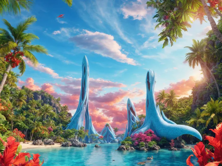 A photo of an extraterrestrial tropical paradise with fantastic flora, a light blue ocean under a crimson sky