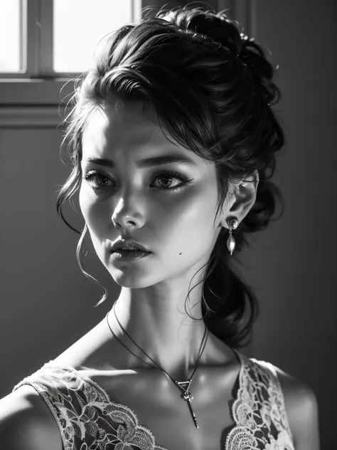 (RAW photo, best quality), (realistic, photo-realistic:1.3), best quality ,masterpiece, an extremely delicate and beautiful, extremely detailed ,CG ,unity ,8k wallpaper, Amazing, finely detail, 1girl, monochrome, solo, ponytail hair,  black make up, realistic, black-and-white photography, looking at viewer, sunlight, portrait, depth of field, necklace, ear rings,  <lora:black-and-white portrait:0.7>