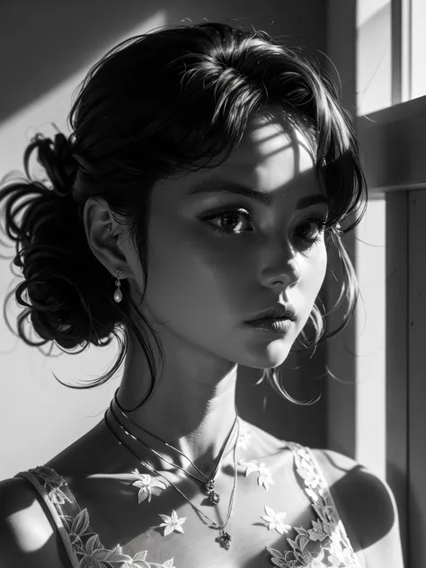 (RAW photo, best quality), (realistic, photo-realistic:1.3), best quality ,masterpiece, an extremely delicate and beautiful, extremely detailed ,CG ,unity ,8k wallpaper, Amazing, finely detail, 1girl, monochrome, solo, realistic, black-and-white photography, looking at viewer, sunlight, portrait, depth of field, necklace, ear rings,  <lora:black-and-white portrait:0.7>