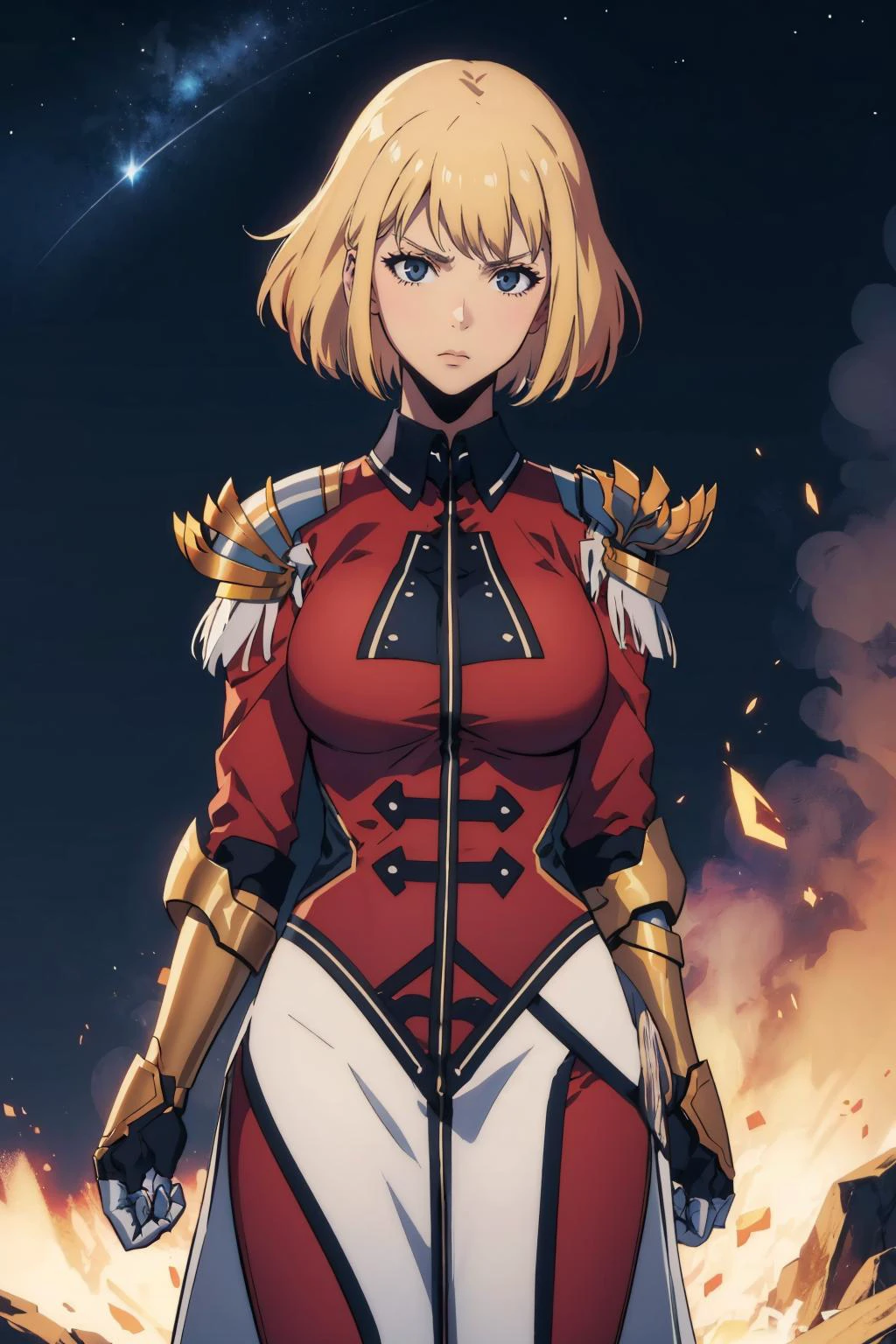 masterpiece, best quality, <lora:sololeveling_chahae-in-13:0.9> cha hae-in, armor, black collar, shoulder armor, long sleeves, gloves, gauntlets, pelvic curtain, cowboy shot, fist, furrowed brow, night sky, large breasts