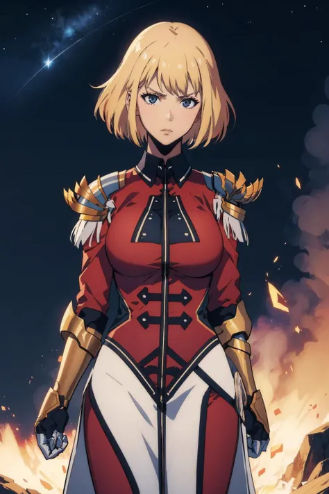 masterpiece, best quality,  <lora:sololeveling_chahae-in-13:0.9> cha hae-in, armor, black collar, shoulder armor, long sleeves, gloves, gauntlets, pelvic curtain, cowboy shot, fist, furrowed brow, night sky, large breasts