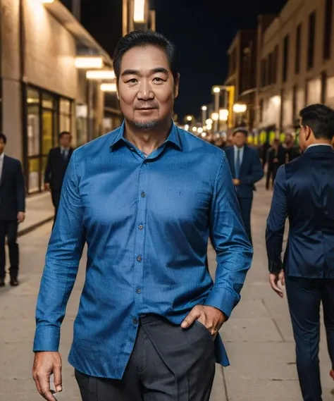 portrait of a 50 year-old-man,zgl,wearing(blue-collared shirt,suit pants),photograph,upper body,on street,night
(masterpiece) (photorealistic)(best quality) (detailed skin) (intricate) (8k) (HDR) <lora:zglV2:0.9>