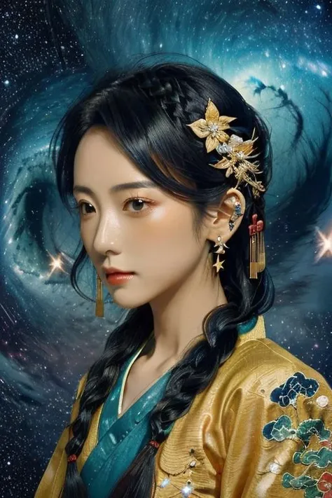Ancient style, girl, 1girl, solo, jewelry, braid, earrings, hair ornament,side face <lora:ancient-HXZ:0.8>(starry tornado:1.4), starry Nebula, beautiful detailed sky,