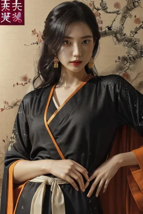 Ancient style, girl, 1girl, solo, looking at viewer, earrings, jewelry,hands on waist, black hair,seal <lora:ancient-HXZ:0.8>