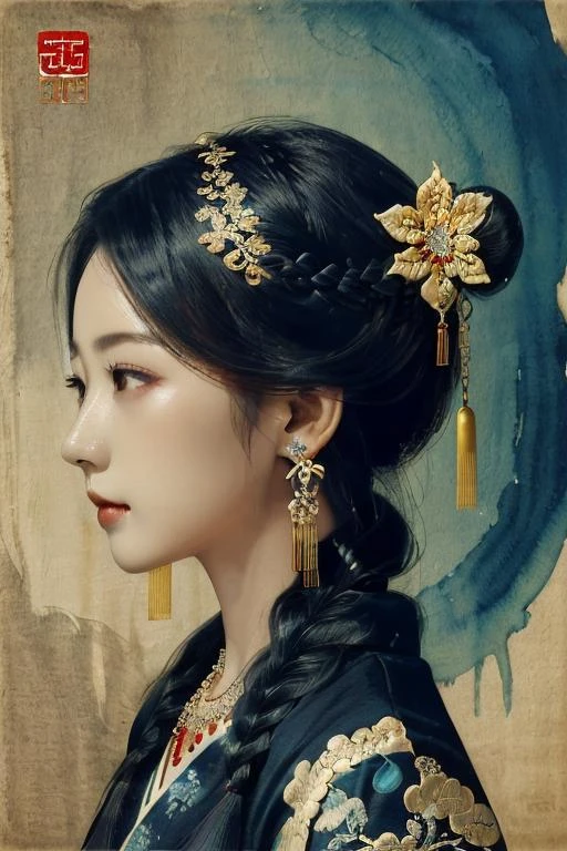 Ancient style, girl, 1girl, solo, jewelry, braid, earrings, hair ornament,side face <lora:ancient-HXZ:0.8>album cover,dreamlike,