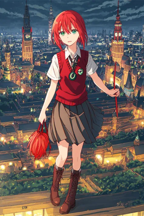 <lora:HatoriChise-000002:0.9> hatorichise, 1girl, casual_outfit, black_skirt, boots, cross-laced_footwear, full_body, green_eyes, lace-up_boots, necktie, pleated_skirt, red_hair, school_uniform, shirt, short_hair, short_sleeves, sweater_vest, white_shirt, short red hair, full body, grey skirt, standing on path, rural area, kyscraper, city, cityscape, building, city lights, scenery, night, skyline, architecture, bridge, sky, lantern, east asian architecture, star (sky), night sky, snowing, pagoda, starry sky, tower, outdoors, rooftop, rain, 1other, cloudy sky, cloud, railing,,solo, long legs, tall, holding staff,