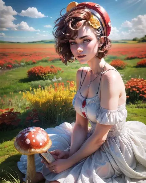 bukkit brown in a white dress with a big red mushroom on her head, short hair, sitting in grass, (extremely happy:1.2) ,beautiful, ruffled short hair, cute, front, looking at you, smirk,(8k, RAW photo, best quality, masterpiece:1.2),ultra-detailed, (high detailed skin:1.2), 8k uhd, dslr, soft lighting, high quality,
<lora:bukkit_brown_v2:1> <lora:add_detail:1>