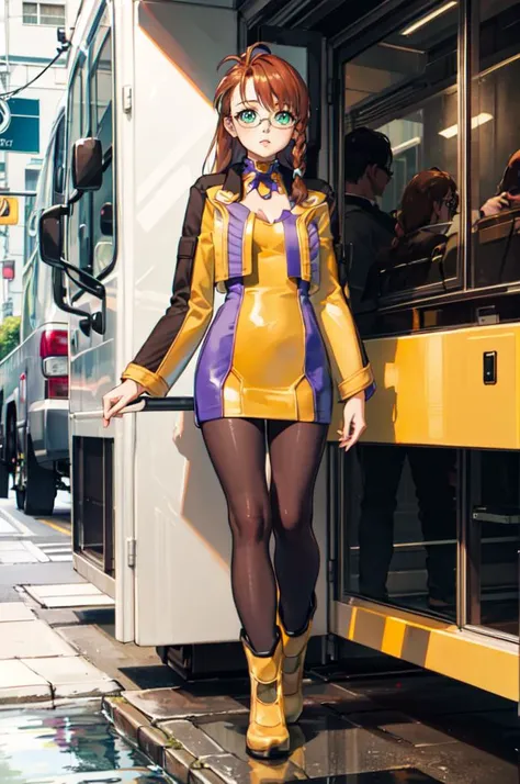 <lora:xsshion-nvwls-v1:1> xs1Shion, braid, glasses, yellow jacket, cleavage, purple and yellow dress, pantyhose, yellow boots, ultra detailed, masterpiece, best quality, aesthetic, detailed,
