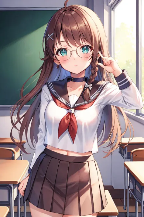 masterpiece, best quality, <lora:xsshion-nvwls-v1-000010:0.8> xs1Shion, braid, glasses, serafuku, white shirt, pleated skirt, looking at viewer, cowboy shot, classroom, blush