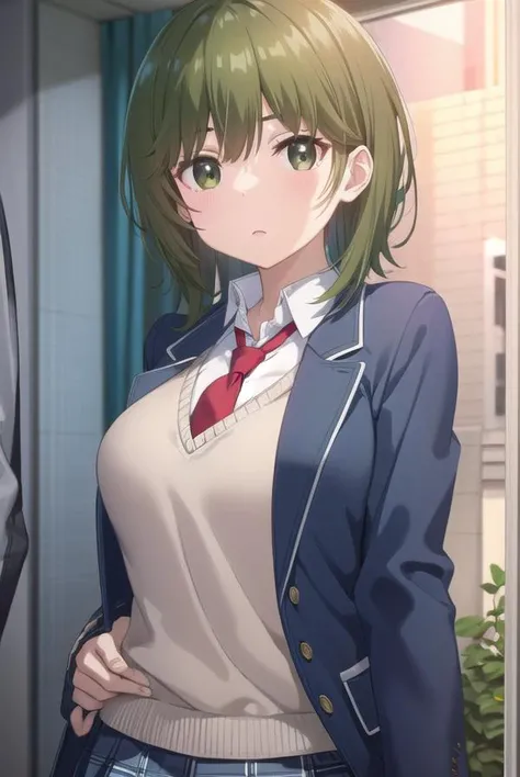 isanahigashira, <lora:isana higashira s1-lora-nochekaiser:1>,
isana higashira, short hair, bangs, (green eyes:1.3), green hair,
BREAK shirt, long sleeves, school uniform, jacket, white shirt, open clothes, necktie, sweater, open jacket, blazer, red necktie, grey sweater,
BREAK indoors, classroom,
BREAK looking at viewer, (cowboy shot:1.5),
BREAK <lyco:GoodHands-beta2:1>, (masterpiece:1.2), best quality, high resolution, unity 8k wallpaper, (illustration:0.8), (beautiful detailed eyes:1.6), extremely detailed face, perfect lighting, extremely detailed CG, (perfect hands, perfect anatomy),