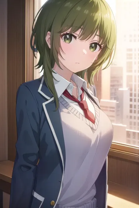 isanahigashira, <lora:isana higashira s1-lora-nochekaiser:1>,
isana higashira, short hair, bangs, (green eyes:1.3), green hair,
BREAK shirt, long sleeves, school uniform, jacket, white shirt, open clothes, necktie, sweater, open jacket, blazer, red necktie, grey sweater,
BREAK indoors, classroom,
BREAK looking at viewer, (cowboy shot:1.5),
BREAK <lyco:GoodHands-beta2:1>, (masterpiece:1.2), best quality, high resolution, unity 8k wallpaper, (illustration:0.8), (beautiful detailed eyes:1.6), extremely detailed face, perfect lighting, extremely detailed CG, (perfect hands, perfect anatomy),