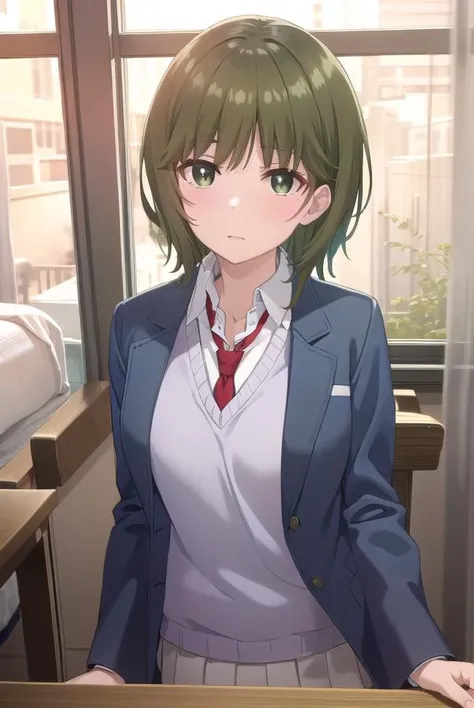 isanahigashira, <lora:isana higashira s1-lora-nochekaiser:1>,
isana higashira, short hair, bangs, (green eyes:1.3), green hair,
BREAK shirt, long sleeves, school uniform, jacket, white shirt, open clothes, necktie, sweater, open jacket, blazer, red necktie, grey sweater,
BREAK indoors, classroom,
BREAK looking at viewer, (cowboy shot:1.5),
BREAK <lyco:GoodHands-beta2:1>, (masterpiece:1.2), best quality, high resolution, unity 8k wallpaper, (illustration:0.8), (beautiful detailed eyes:1.6), extremely detailed face, perfect lighting, extremely detailed CG, (perfect hands, perfect anatomy),