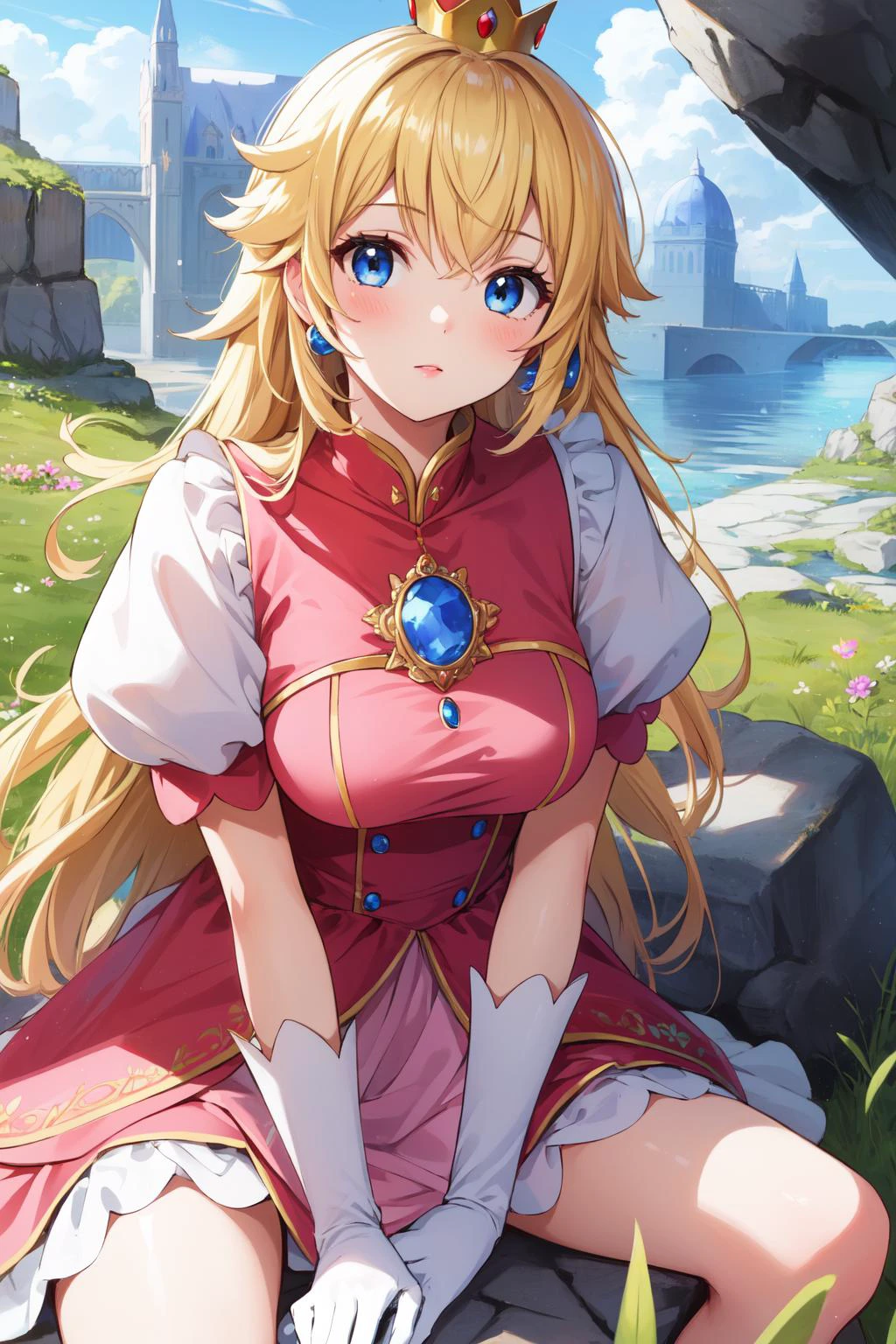 (masterpiece, best quality), intricate details,
1girl, <lora:princesspeach-lora-nochekaiser:0.8> princess peach, blonde hair, blue eyes, long hair,, crown, dress, gem, gloves, pink dress, puffy short sleeves, puffy sleeves, short sleeves, white gloves,
sitting, outdoors, sitting on rock, grass,