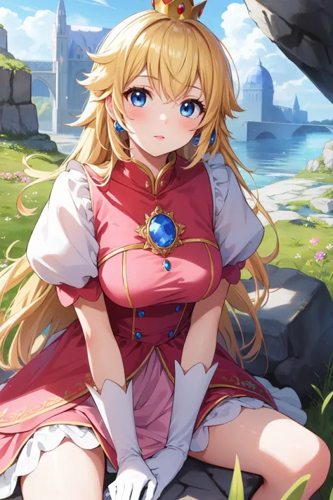 (masterpiece, best quality),  intricate details,
1girl,      <lora:princesspeach-lora-nochekaiser:0.8> princess peach, blonde hair, blue eyes, long hair,, crown, dress, gem, gloves, pink dress, puffy short sleeves, puffy sleeves, short sleeves, white gloves,
sitting, outdoors, sitting on rock, grass,