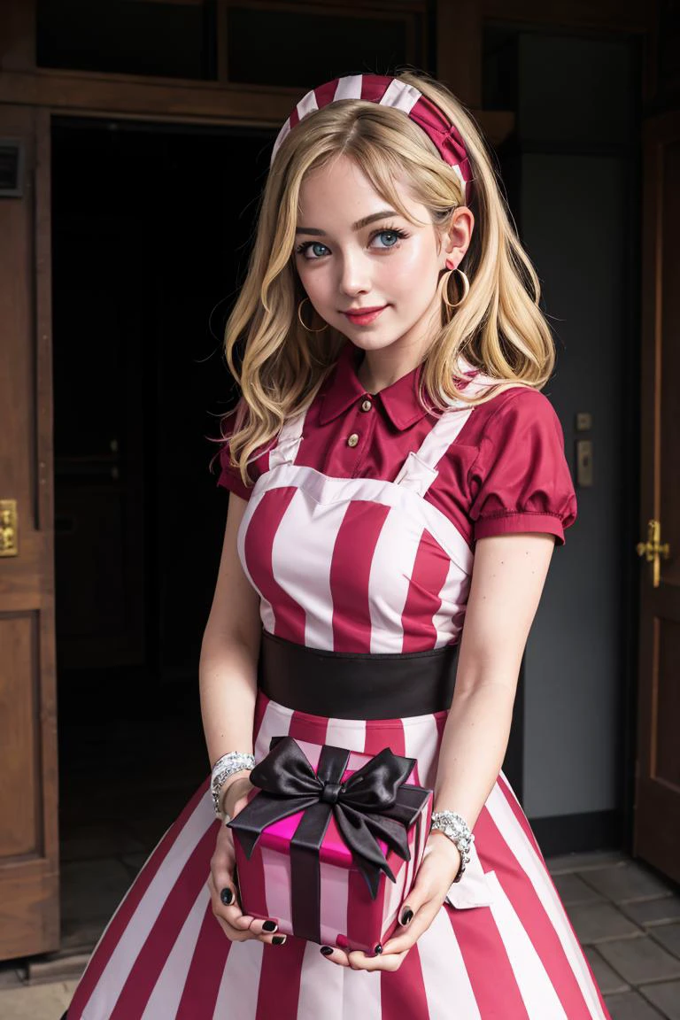(masterpiece, best quality:1.2), solo, beautiful eyes, <lora:Palentines_2022:0.6>, smile, looking at viewer, <lora:princesspeach-lora-nochekaiser:1>, princess peach, blonde hair, blue eyes, blush, box, closed mouth, commentary request, creatures (company), dress, earrings, eyelashes, game freak, gift, gift box, holding, holding gift, jewelry, looking at viewer, nail polish, nintendo, pink dress, red shirt, shirt, short sleeves, waist apron, wrist cuffs