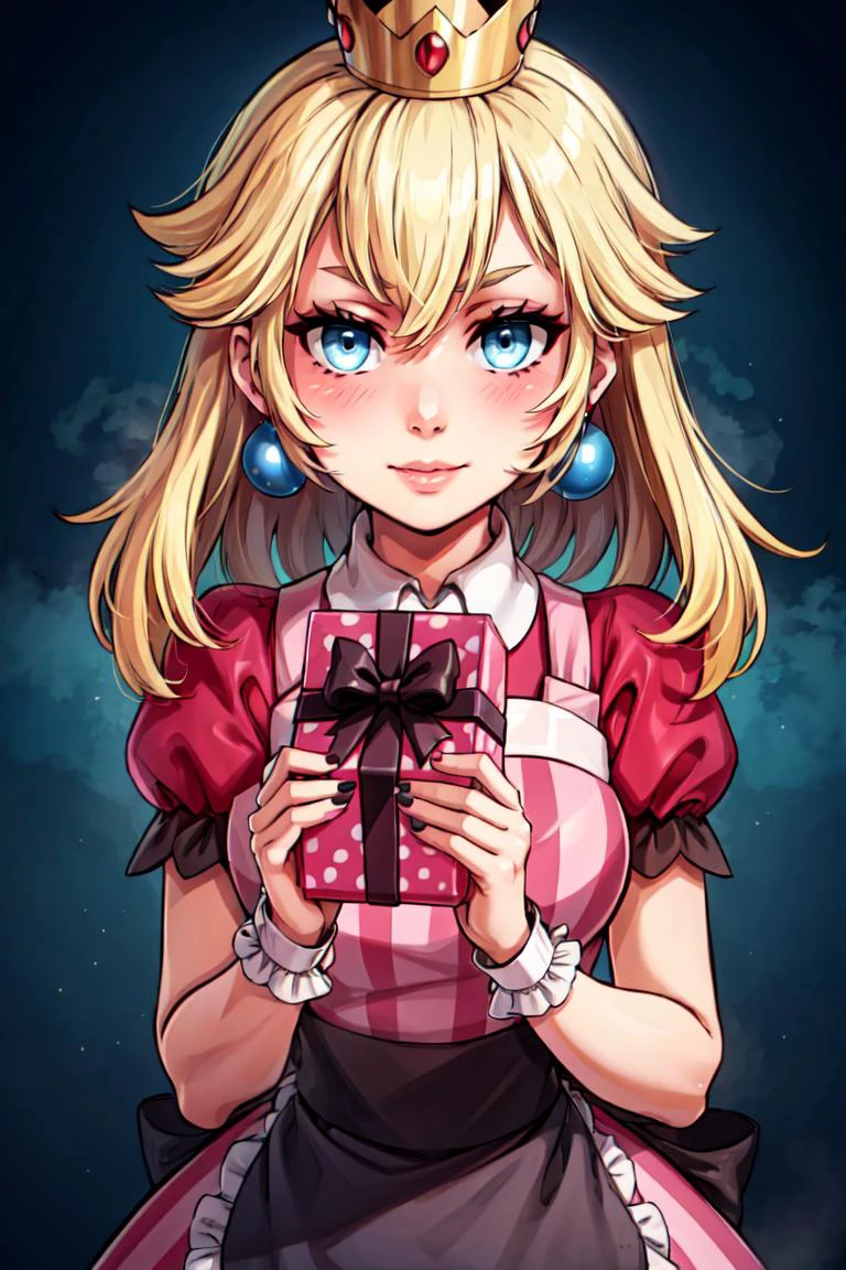 (masterpiece, best quality:1.2), solo, beautiful eyes, <lora:Palentines_2022:0.6>, smile, looking at viewer, <lora:princesspeach-lora-nochekaiser:1.2>, princess peach, crown, super crown, long hair, blonde hair, blue eyes, blush, box, closed mouth, creatures (company), dress, earrings, eyelashes, game freak, gift, gift box, holding, holding gift, jewelry, looking at viewer, nail polish, nintendo, pink dress, red shirt, shirt, short sleeves, waist apron, wrist cuffs