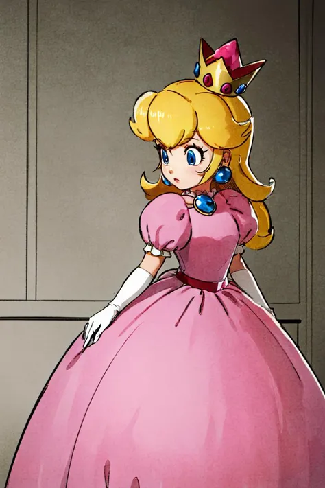 <lora:Toriyama_Akira_Style:0.8>, (masterpiece, best quality), 1girl, <lora:princesspeach-lora-nochekaiser:1> princess peach, blonde hair, blue eyes, long hair, crown, dress, gem, gloves, pink dress, puffy short sleeves, puffy sleeves, short sleeves, white gloves,