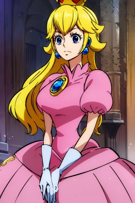 <lora:Oda_Eiichirou_Animation_Style_Dim32:0.8>, (masterpiece, best quality), 1girl, <lora:princesspeach-lora-nochekaiser:1> princess peach, blonde hair, blue eyes, long hair, crown, dress, gem, gloves, pink dress, puffy short sleeves, puffy sleeves, short sleeves, white gloves,
