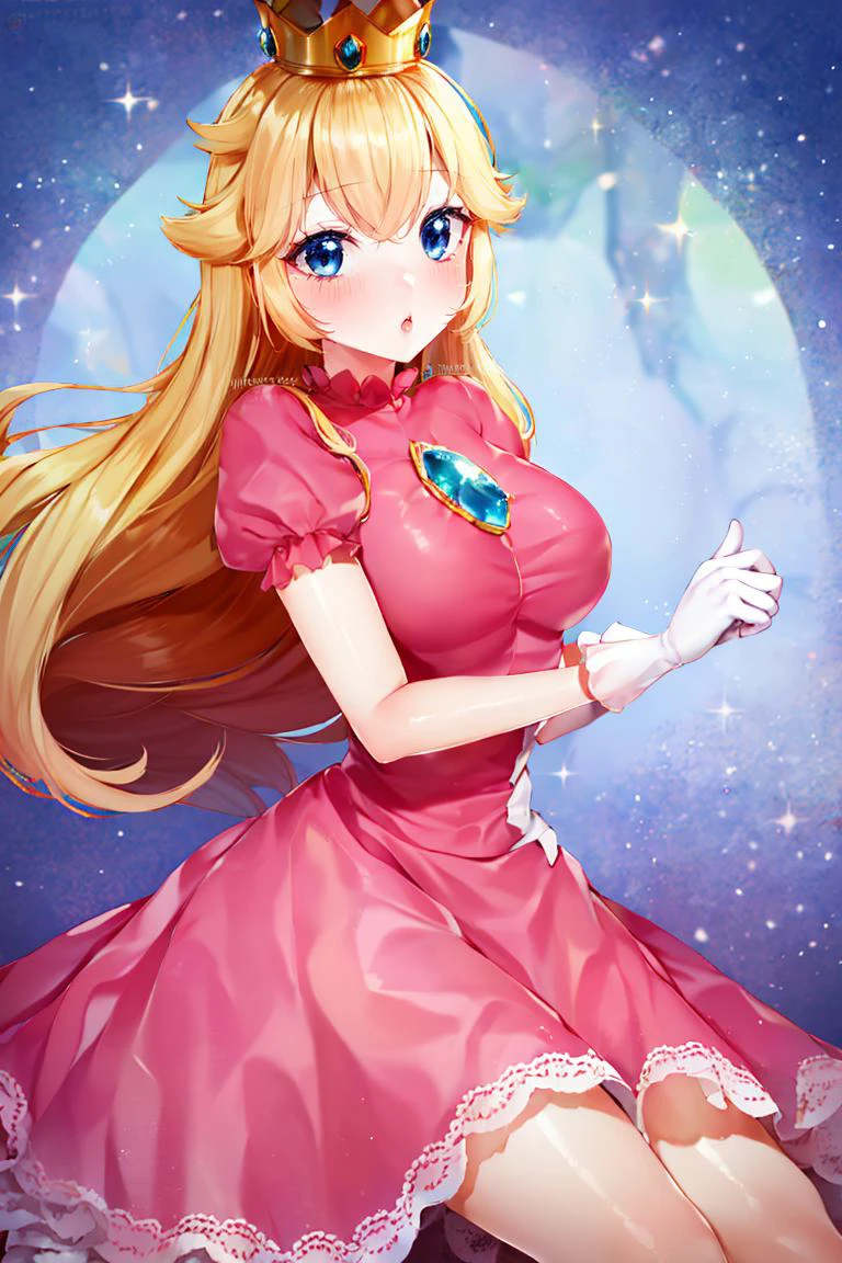 <lora:Puppypaww_Style:0.8>, (masterpiece, best quality), 1girl, <lora:princesspeach-lora-nochekaiser:1> princess peach, blonde hair, blue eyes, long hair, crown, dress, gem, gloves, pink dress, puffy short sleeves, puffy sleeves, short sleeves, white gloves,