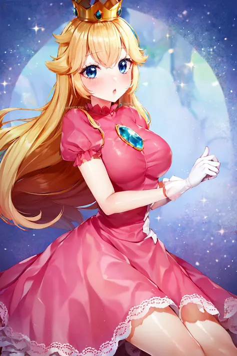 <lora:Puppypaww_Style:0.8>, (masterpiece, best quality), 1girl,    <lora:princesspeach-lora-nochekaiser:1> princess peach, blonde hair, blue eyes, long hair, crown, dress, gem, gloves, pink dress, puffy short sleeves, puffy sleeves, short sleeves, white gloves,