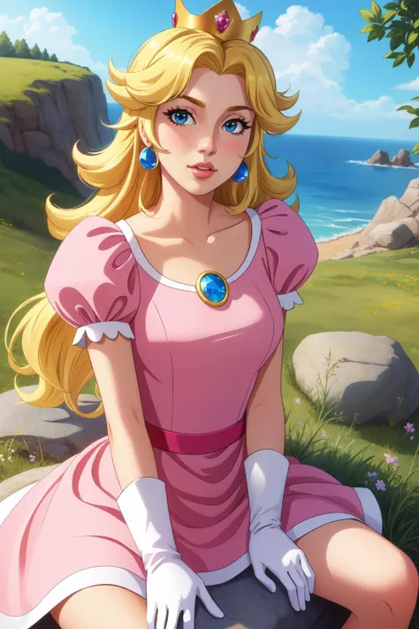 (masterpiece, best quality),  intricate details,
1girl,      <lora:princesspeach-lora-nochekaiser:0.8> princess peach, blonde hair, blue eyes, long hair,, crown, dress, gem, gloves, pink dress, puffy short sleeves, puffy sleeves, short sleeves, white gloves,
sitting, outdoors, sitting on rock, grass,