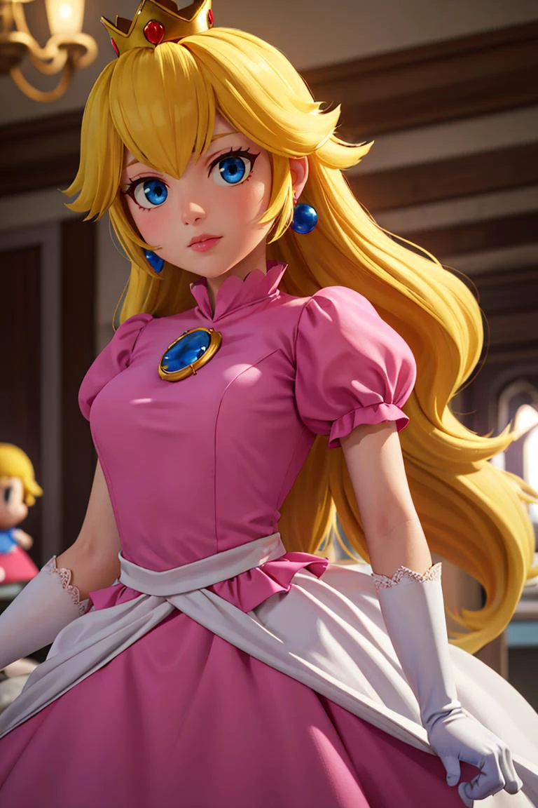 (masterpiece, best quality), 1girl, <lora:princesspeach-lora-nochekaiser:1> princess peach, blonde hair, blue eyes, long hair, crown, dress, gem, gloves, pink dress, puffy short sleeves, puffy sleeves, short sleeves, white gloves,