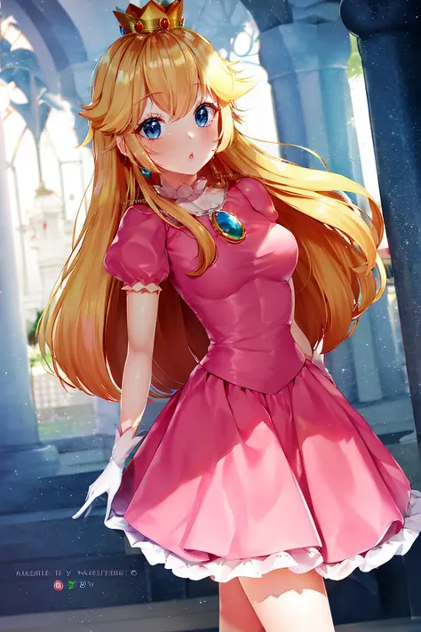 <lora:Puppypaww_Style:0.8>, (masterpiece, best quality), 1girl,    <lora:princesspeach-lora-nochekaiser:1> princess peach, blonde hair, blue eyes, long hair, crown, dress, gem, gloves, pink dress, puffy short sleeves, puffy sleeves, short sleeves, white gloves,