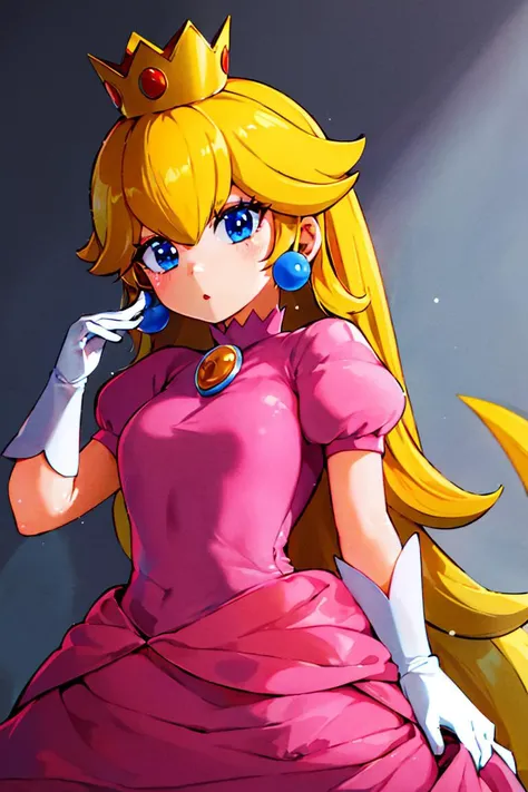 <lora:hoshino_fuuta_style:0.8>,(masterpiece, best quality), 1girl, <lora:princesspeach-lora-nochekaiser:1> princess peach, blonde hair, blue eyes, long hair, crown, dress, gem, gloves, pink dress, puffy short sleeves, puffy sleeves, short sleeves, white gloves,
