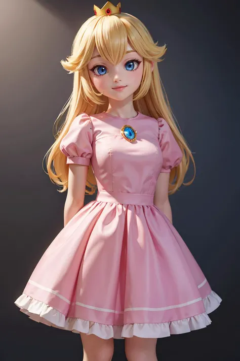 (masterpiece), best quality, high resolution, highly detailed, perfect lighting, (masterpiece, best quality), 1girl, <lora:princesspeach-lora-nochekaiser:0.8>, princess peach, blonde hair, blue eyes, smile, long hair, crown, dress, gem, (hands behind back:1.1), pink dress, puffy short sleeves, puffy sleeves, short sleeves,