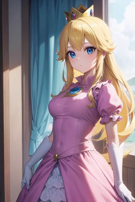 princesspeach, <lora:princesspeach-lora-nochekaiser:1>,
princess peach, blonde hair, blue eyes, long hair,
BREAK crown, dress, gem, gloves, pink dress, puffy short sleeves, puffy sleeves, short sleeves, white gloves,
BREAK indoors,
BREAK looking at viewer, (cowboy shot:1.5),
BREAK <lyco:GoodHands-beta2:1>, (masterpiece:1.2), best quality, high resolution, unity 8k wallpaper, (illustration:0.8), (beautiful detailed eyes:1.6), extremely detailed face, perfect lighting, extremely detailed CG, (perfect hands, perfect anatomy),