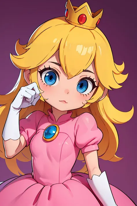 (masterpiece, best quality), 1girl, <lora:princesspeach-lora-nochekaiser:1> princess peach, blonde hair, blue eyes, long hair, crown, dress, gem, gloves, pink dress, puffy short sleeves, puffy sleeves, short sleeves, white gloves,