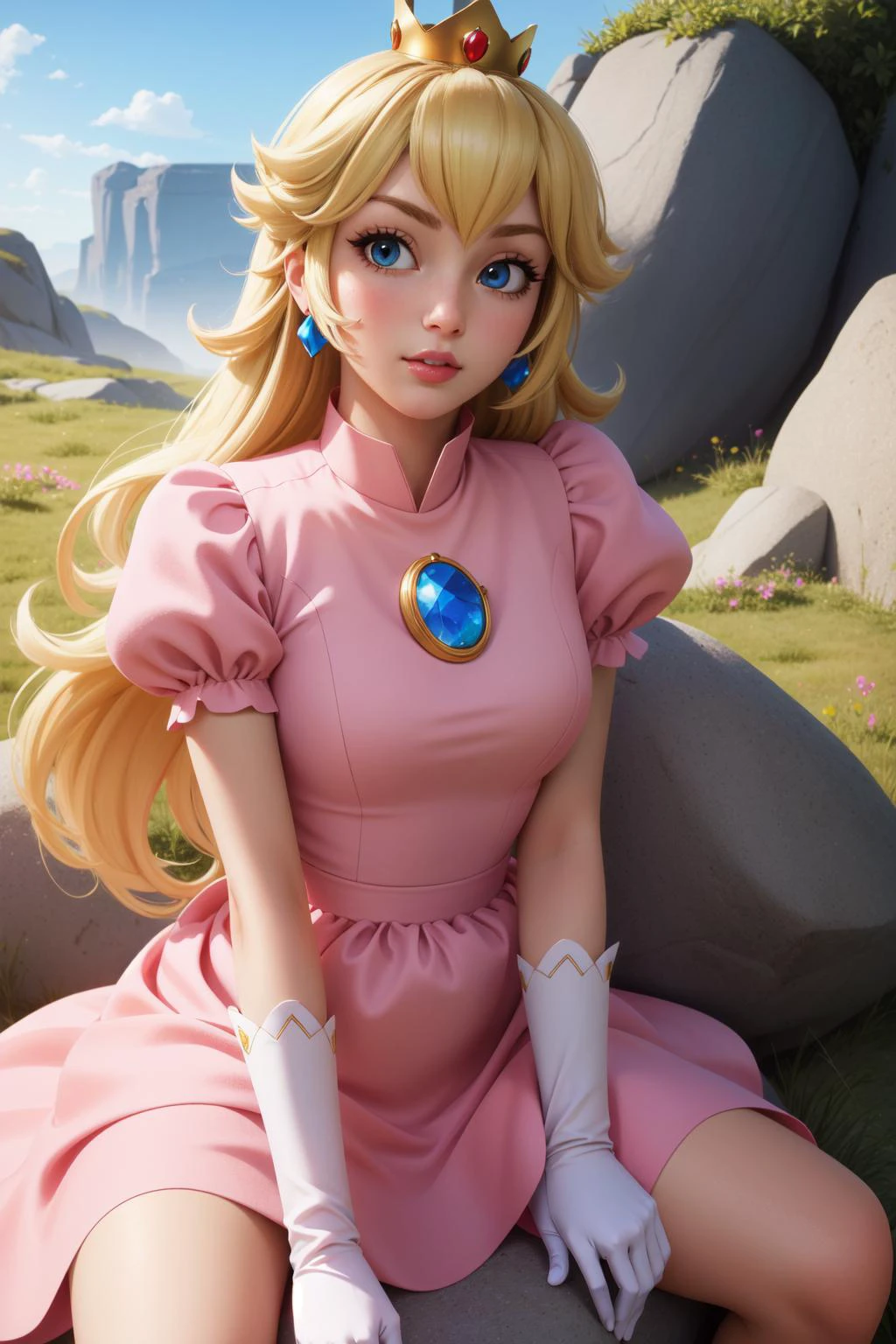 (masterpiece, best quality), intricate details,
1girl, <lora:princesspeach-lora-nochekaiser:0.8> princess peach, blonde hair, blue eyes, long hair,, crown, dress, gem, gloves, pink dress, puffy short sleeves, puffy sleeves, short sleeves, white gloves,
sitting, outdoors, sitting on rock, grass,
