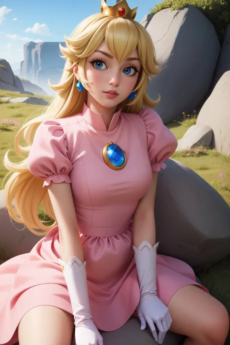 (masterpiece, best quality),  intricate details,
1girl,      <lora:princesspeach-lora-nochekaiser:0.8> princess peach, blonde hair, blue eyes, long hair,, crown, dress, gem, gloves, pink dress, puffy short sleeves, puffy sleeves, short sleeves, white gloves,
sitting, outdoors, sitting on rock, grass,