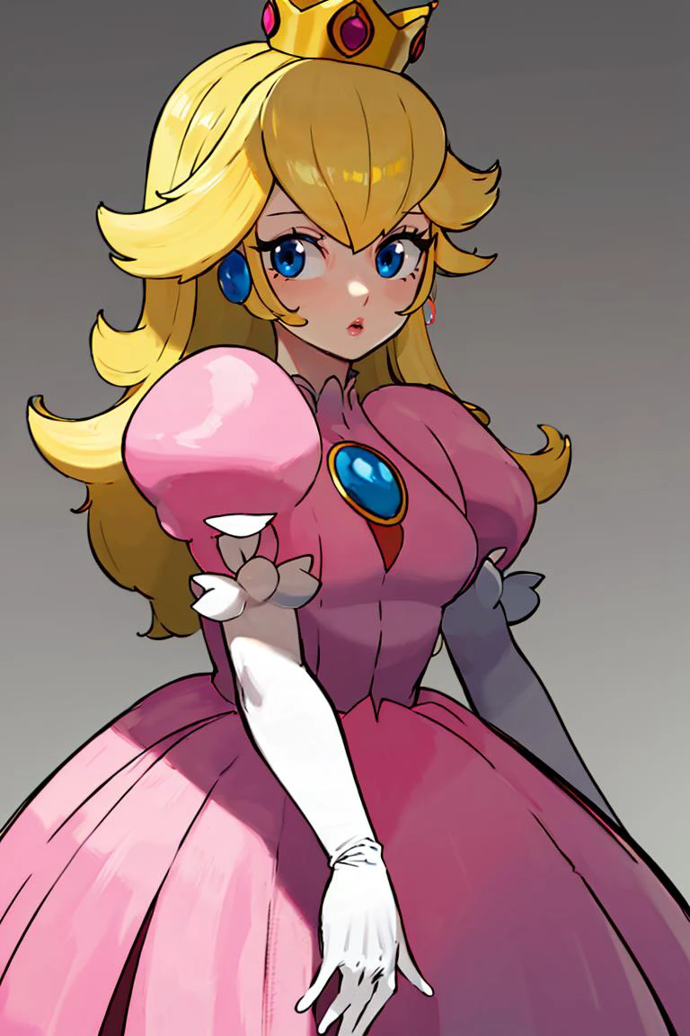 <lora:Sugimori_Ken_Style_v2:0.8>, (masterpiece, best quality), 1girl, <lora:princesspeach-lora-nochekaiser:1> princess peach, blonde hair, blue eyes, long hair, crown, dress, gem, gloves, pink dress, puffy short sleeves, puffy sleeves, short sleeves, white gloves,