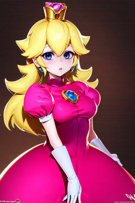(masterpiece, best quality), 1girl, <lora:princesspeach-lora-nochekaiser:1> princess peach, blonde hair, blue eyes, long hair, crown, dress, gem, gloves, pink dress, puffy short sleeves, puffy sleeves, short sleeves, white gloves,