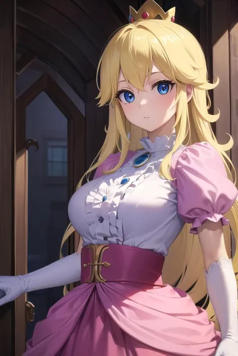 princesspeach, <lora:princesspeach-lora-nochekaiser:1>,
princess peach, blonde hair, blue eyes, long hair,
BREAK crown, dress, gem, gloves, pink dress, puffy short sleeves, puffy sleeves, short sleeves, white gloves,
BREAK indoors,
BREAK looking at viewer, (cowboy shot:1.5),
BREAK <lyco:GoodHands-beta2:1>, (masterpiece:1.2), best quality, high resolution, unity 8k wallpaper, (illustration:0.8), (beautiful detailed eyes:1.6), extremely detailed face, perfect lighting, extremely detailed CG, (perfect hands, perfect anatomy),