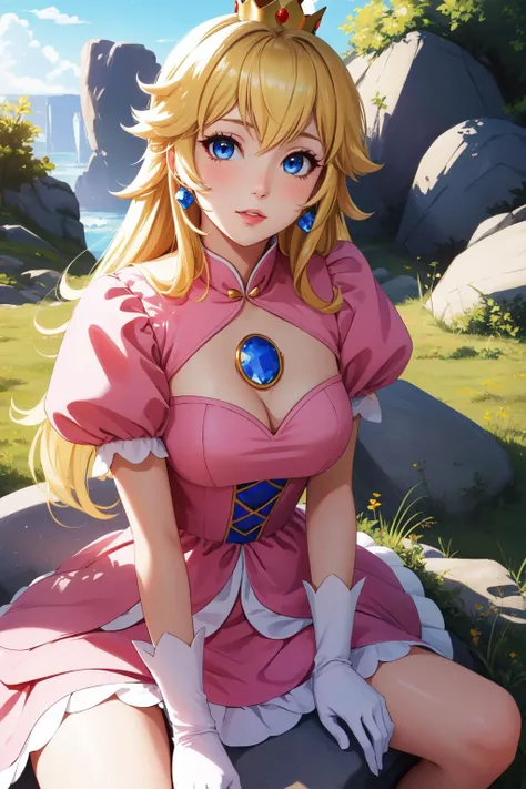 (masterpiece, best quality),  intricate details,
1girl,      <lora:princesspeach-lora-nochekaiser:0.8> princess peach, blonde hair, blue eyes, long hair,, crown, dress, gem, gloves, pink dress, puffy short sleeves, puffy sleeves, short sleeves, white gloves,
sitting, outdoors, sitting on rock, grass,