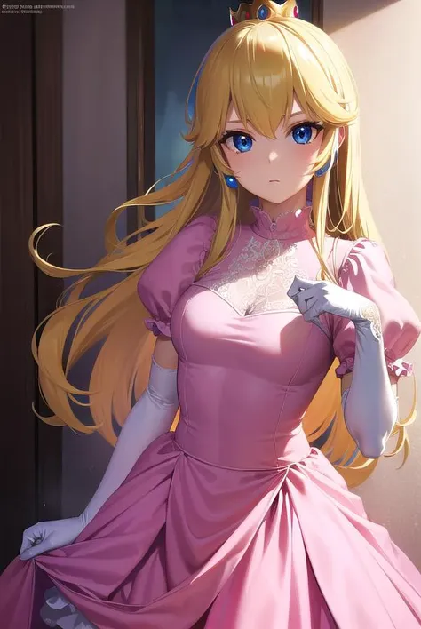 princesspeach, <lora:princesspeach-lora-nochekaiser:1>,
princess peach, blonde hair, blue eyes, long hair,
BREAK crown, dress, gem, gloves, pink dress, puffy short sleeves, puffy sleeves, short sleeves, white gloves,
BREAK indoors,
BREAK looking at viewer, (cowboy shot:1.5),
BREAK <lyco:GoodHands-beta2:1>, (masterpiece:1.2), best quality, high resolution, unity 8k wallpaper, (illustration:0.8), (beautiful detailed eyes:1.6), extremely detailed face, perfect lighting, extremely detailed CG, (perfect hands, perfect anatomy),